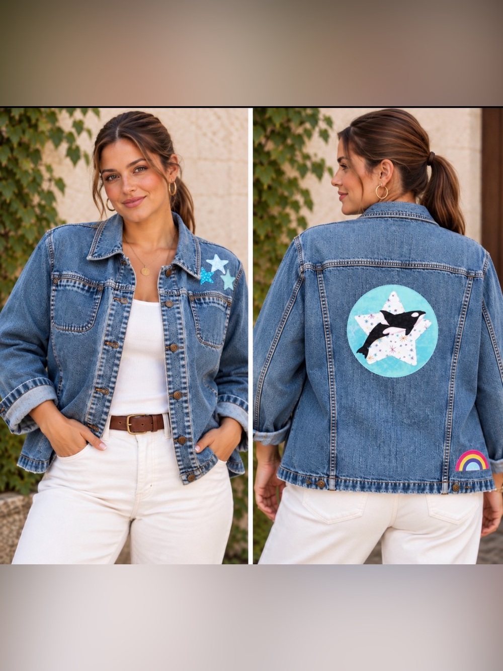 Caslon Medium Washed Distressed Blue Denim Jacket  w Intricate Orca Appliqué XL
